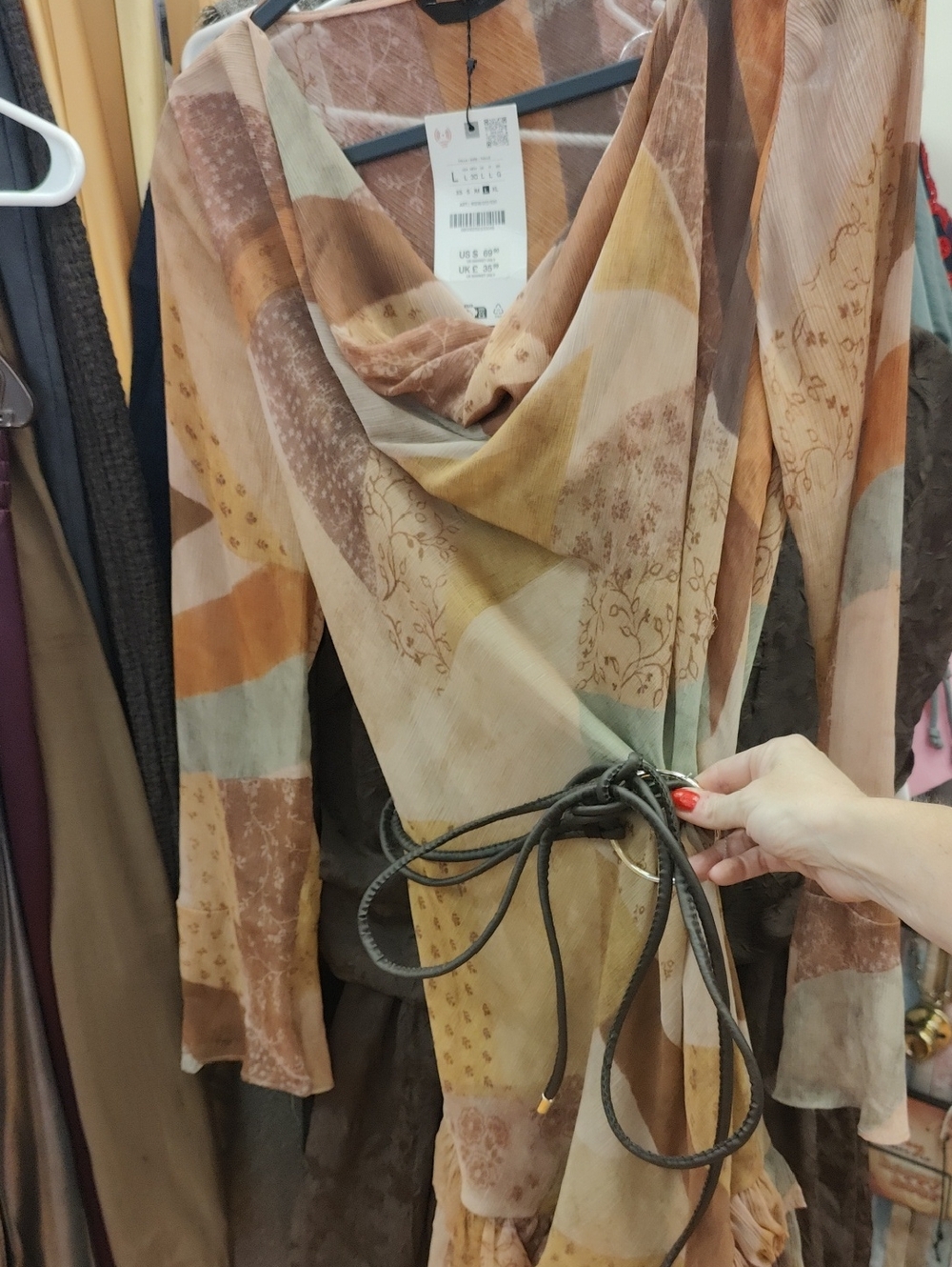 Zara Sheer Wrap Dress in Brown and Cream Patchwork Design